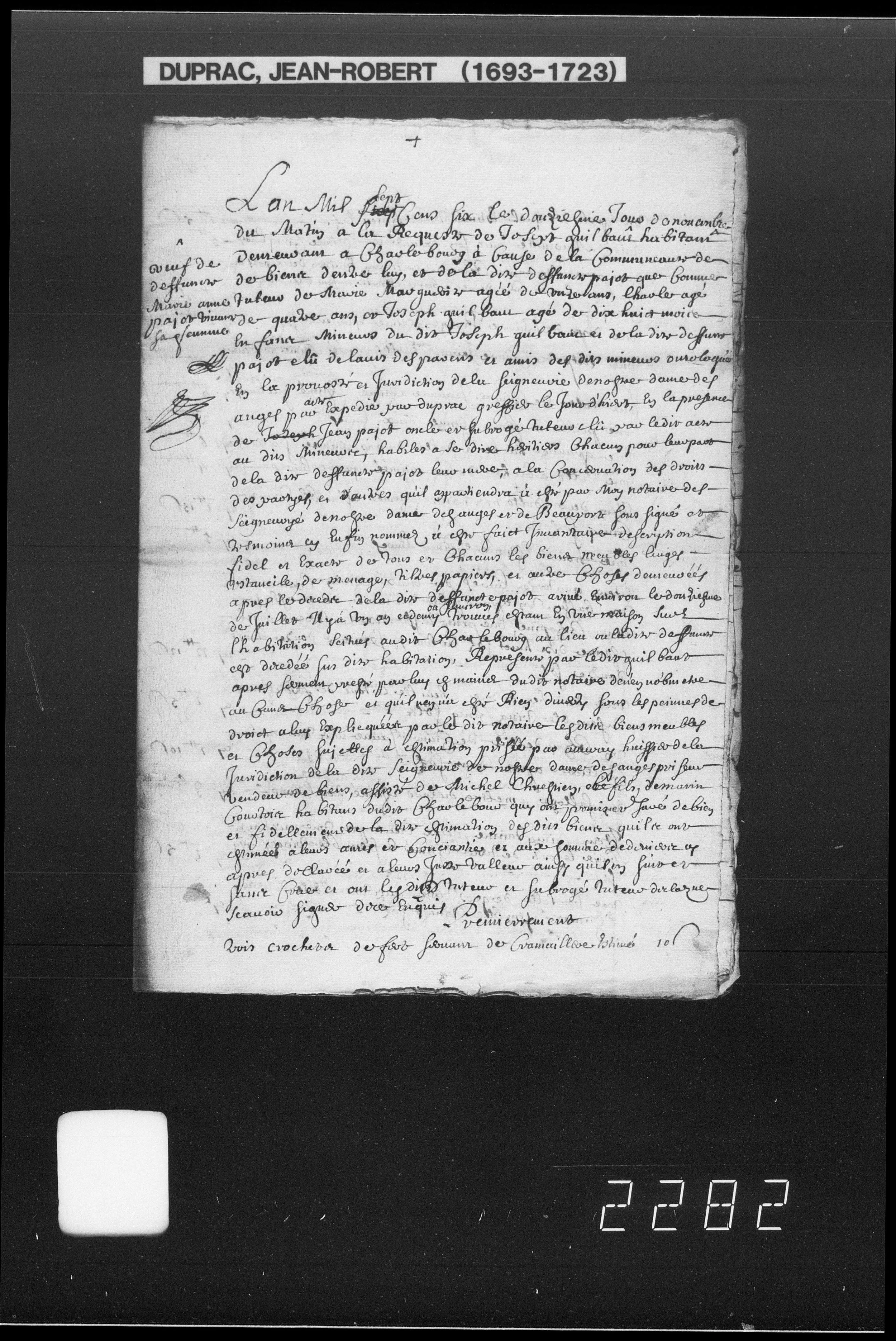 Inventory of Joseph Guilbault and the late Marie Anne Pajot, 12 November 1706, first page