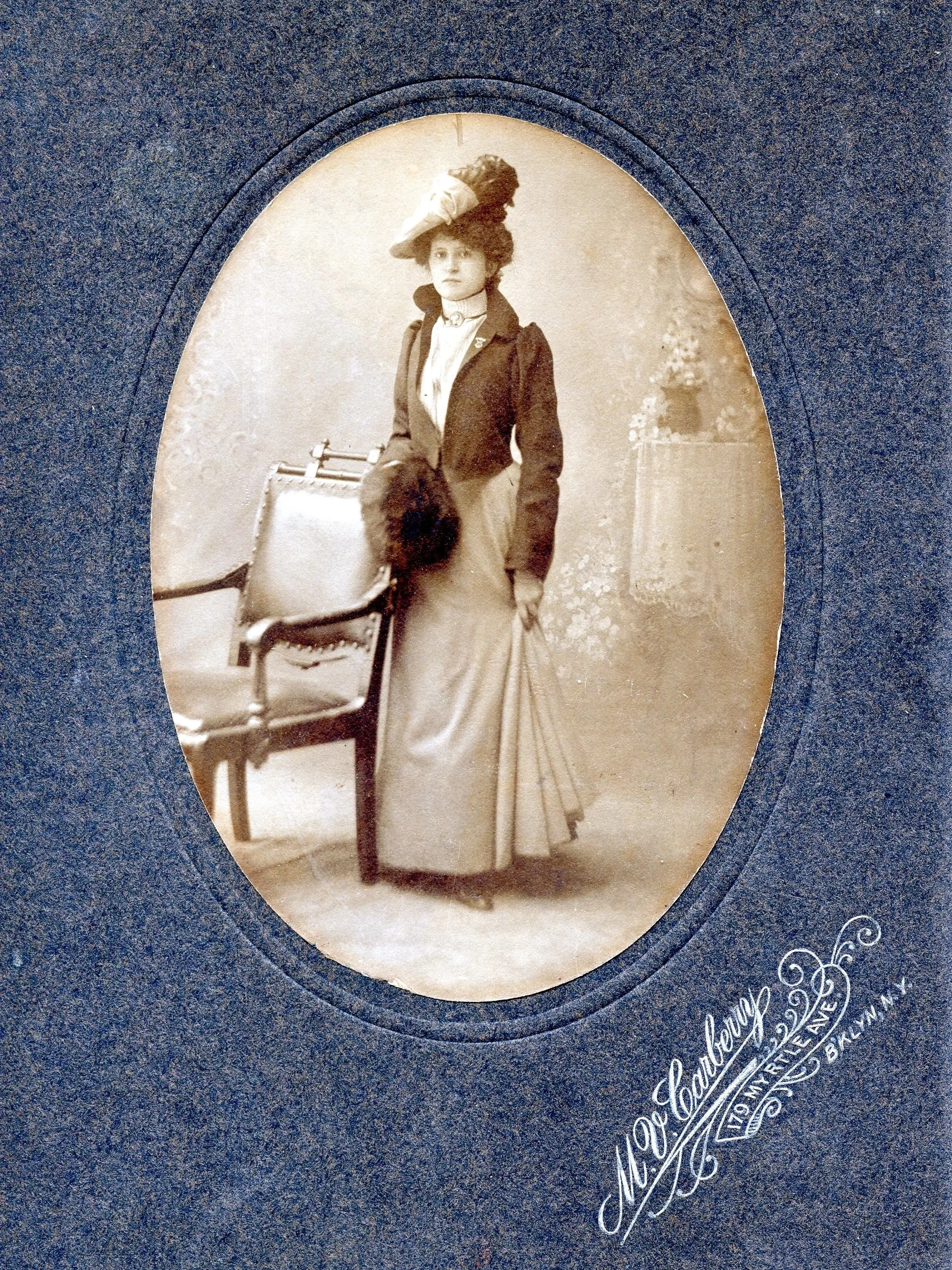 Mary Agnes Kenny Robertson studio portrait Brooklyn young woman in coat and large feathered hat M V Carberry Studio 179 Myrtle Avenue Brooklyn circa 1905