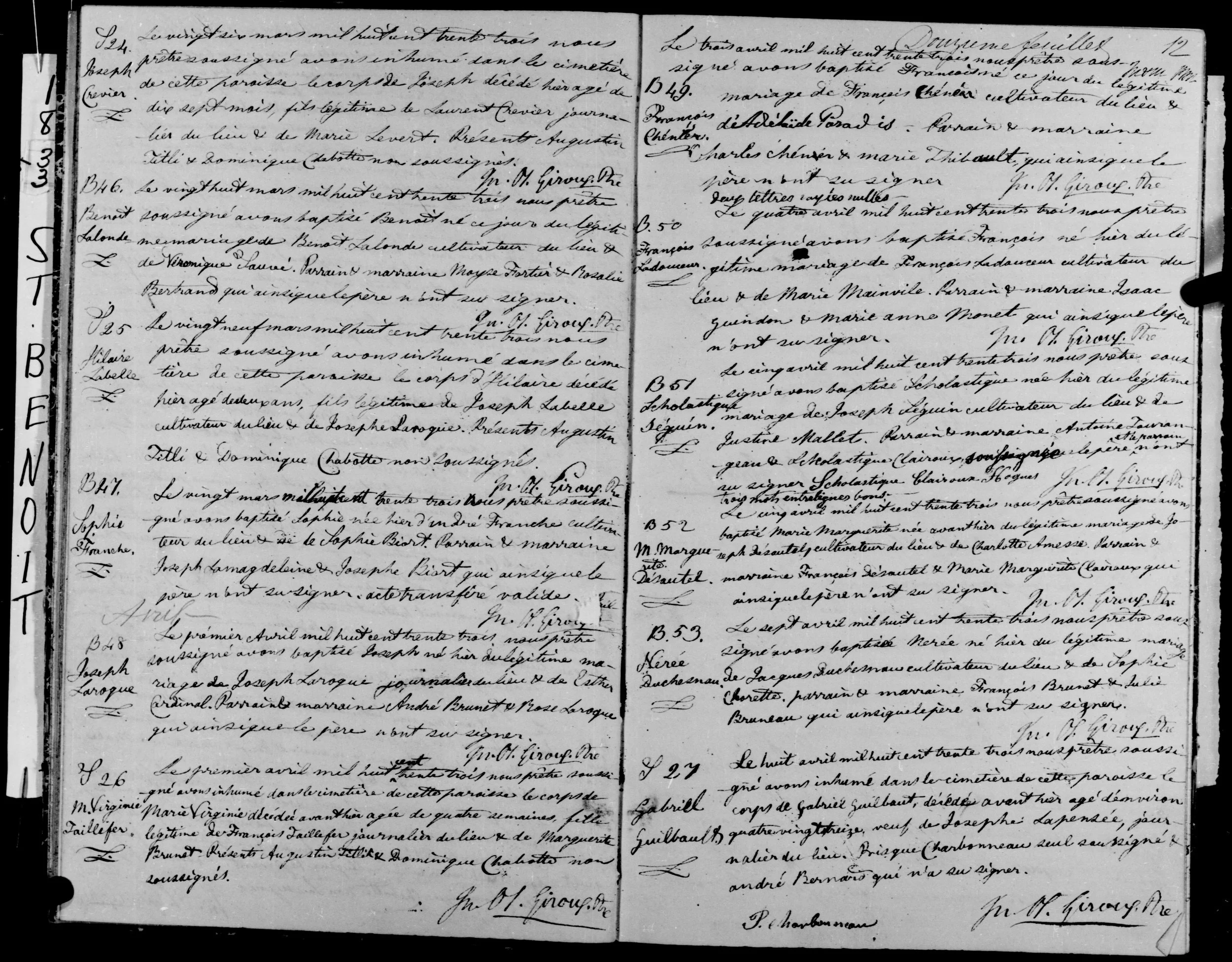 1833 burial register Gabriel Guilbault Saint-Benoit macon