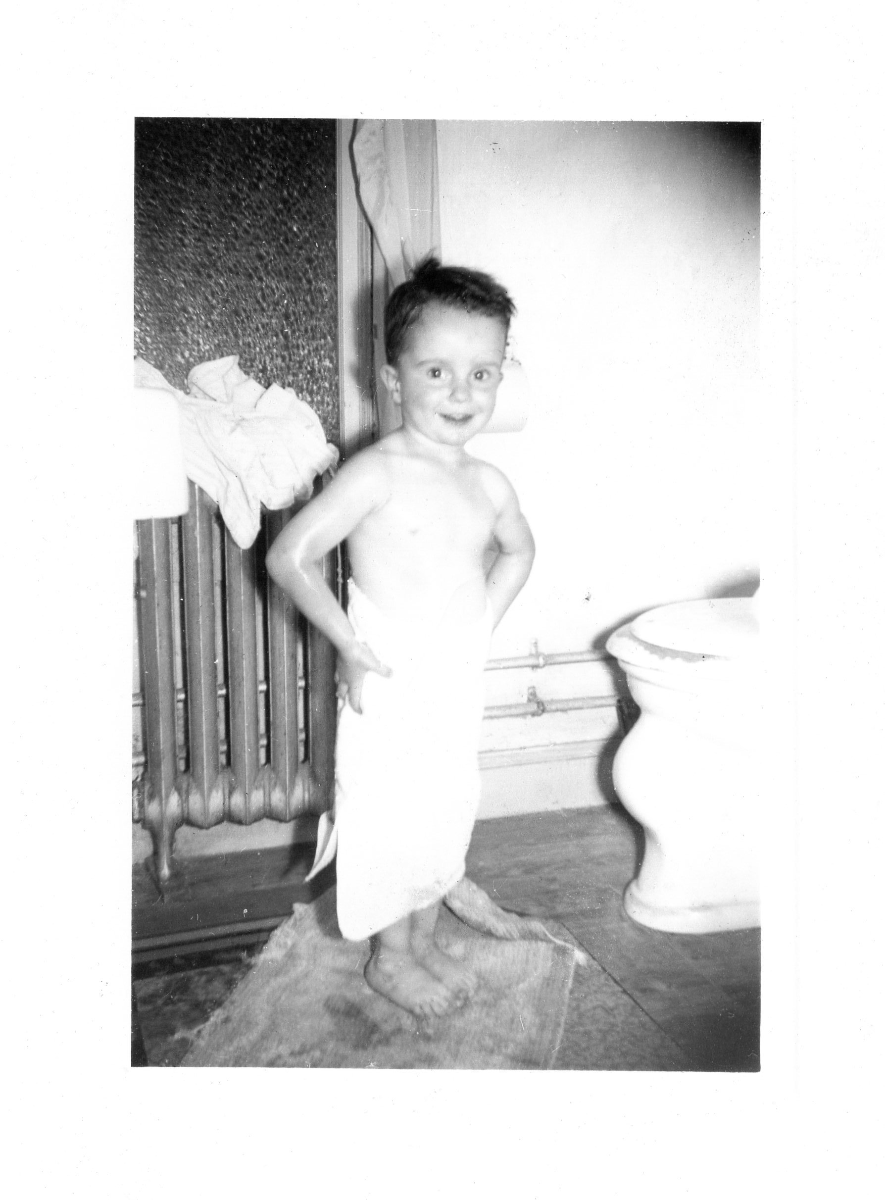 Miles after bath, wrapped in a towel