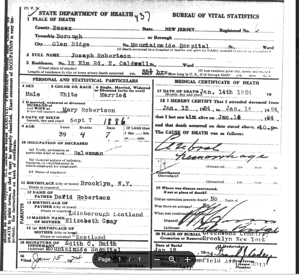 1924 death certificate Joseph Robertson Mountainside Hospital Glen Ridge Essex County New Jersey January 14 1924 cerebral hemorrhage 12 Elm Road North Caldwell