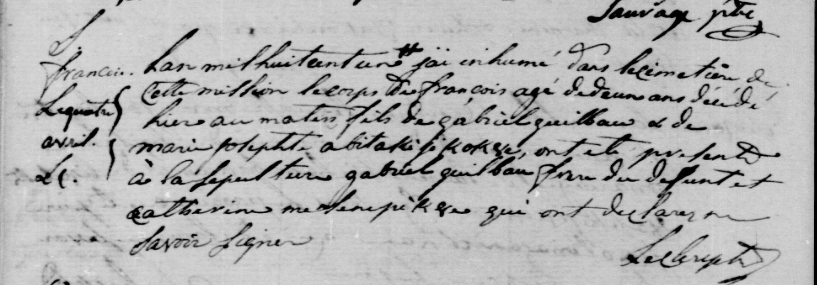 1801 Oka burial register — original manuscript showing burial of François Guilbault, son of Gabriel Guilbault and Marie Josephte Abitakijikokwe, in presence of Catherine mesepik8e