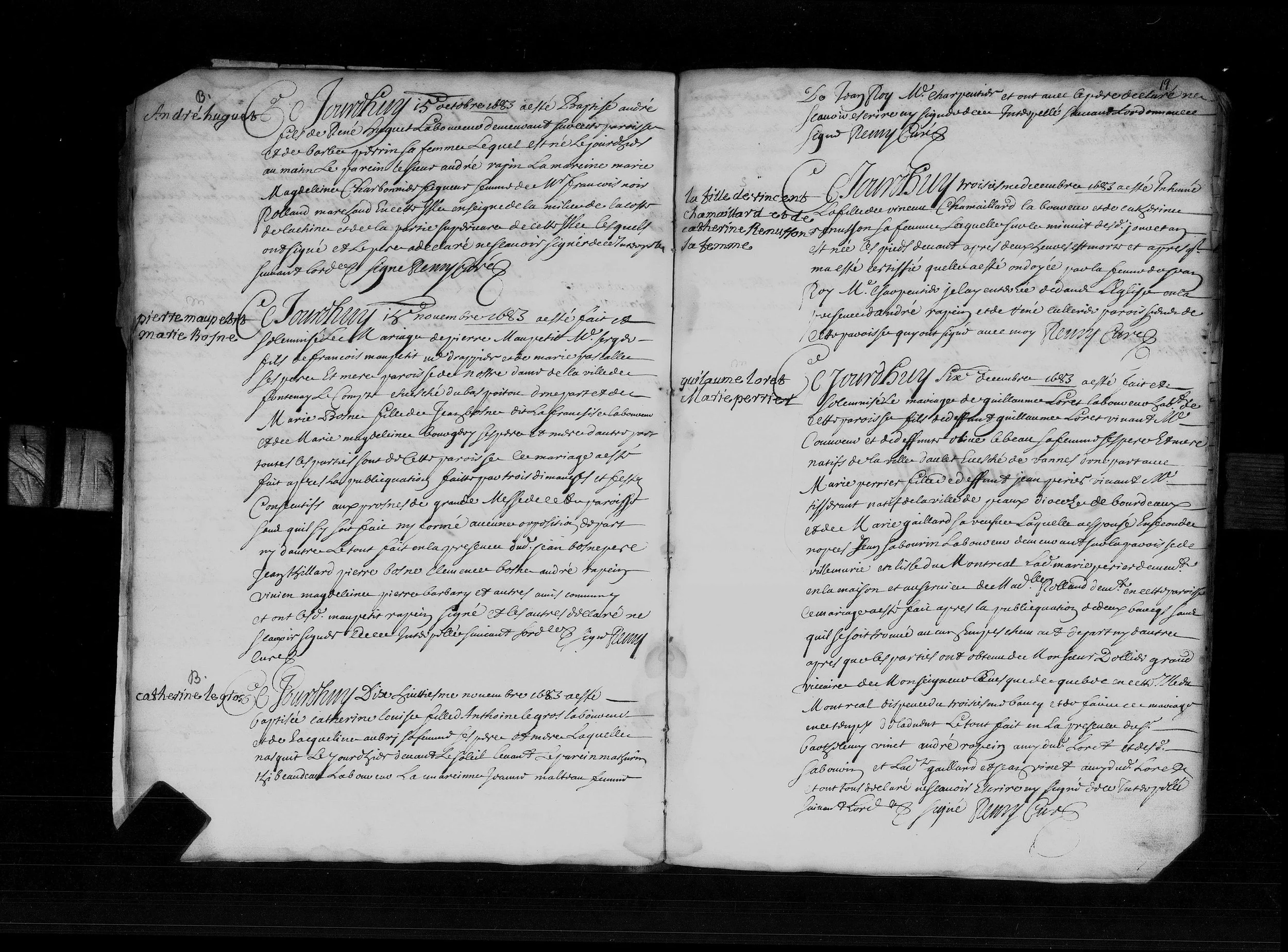 Lachine parish register, marriage of Guillaume Loret and Marie Perrier, 6 December 1683