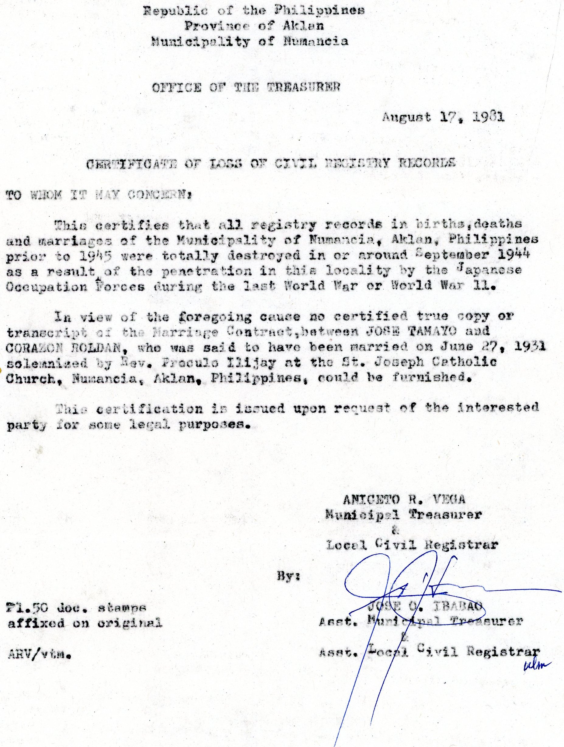 Certificate of Loss for the marriage of Jose Tamayo and Corazon Roldan