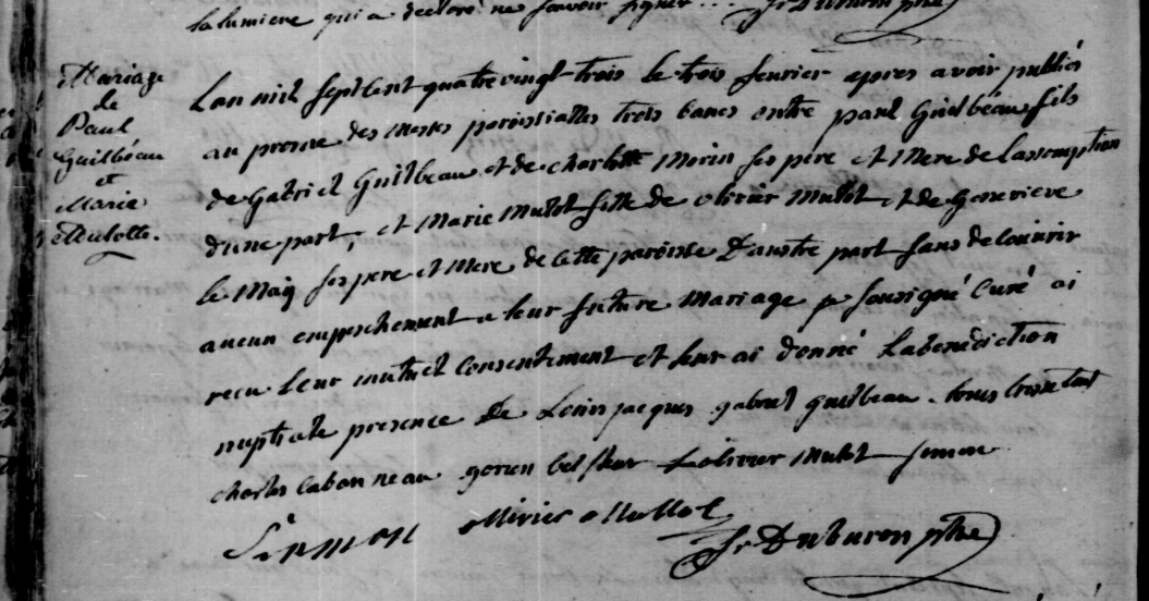 1783 Paul Guilbeau marriage — Gabriel as witness confirming brotherhood