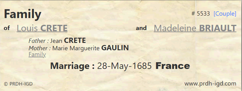 1685 marriage register La Rochelle — Louis Crête and Madeleine Briault