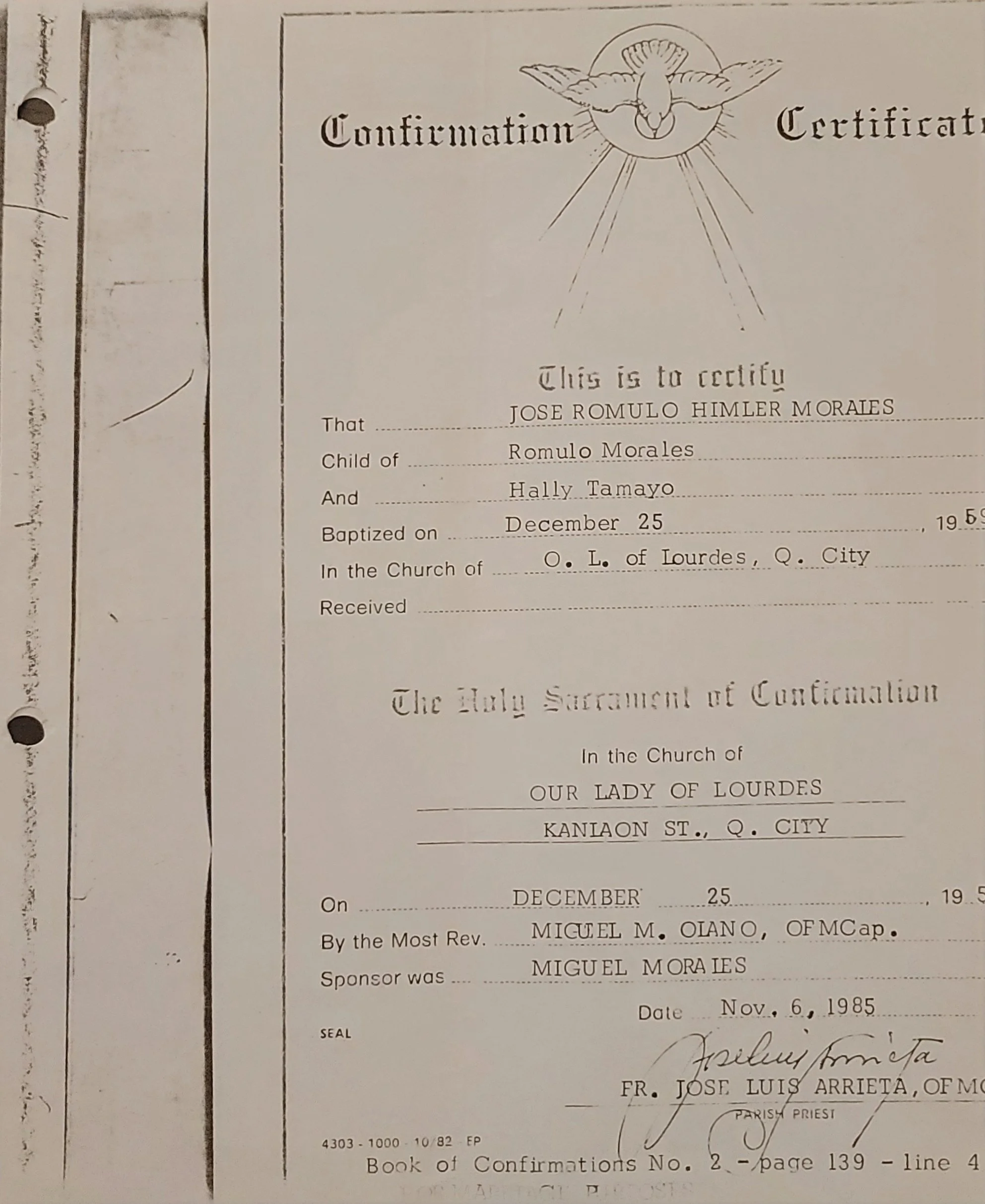 Confirmation Certificate for Jose Romulo Himler Morales, 1959
