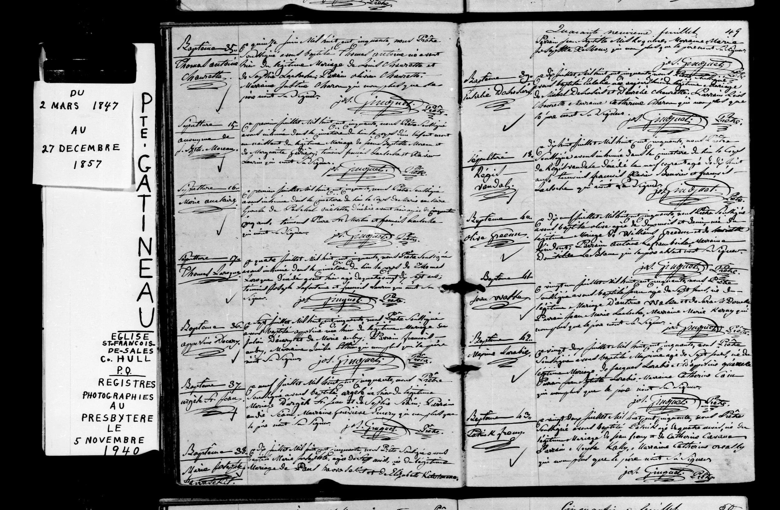Pointe-Gatineau, 1850 — Register Page