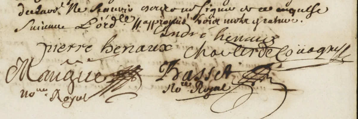 The dorse of Act 2064 reading 'du 10 octobre 1690 — cession et transport de droicts par la veuve feue Toussaint Hunault à sieur Charles de Couagne' — the archival endorsement dating the deed