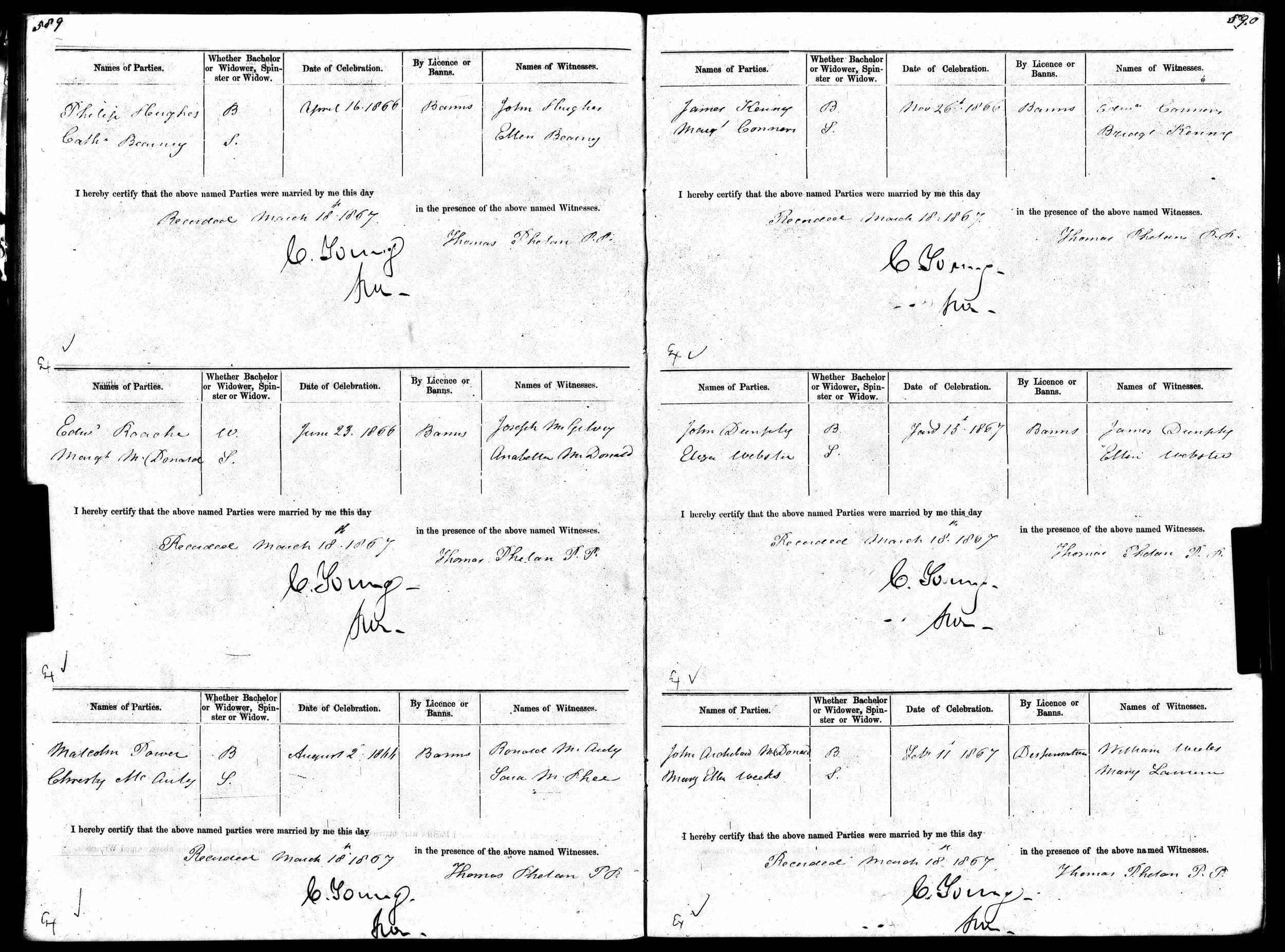 Marriage register showing James Kenny and Margaret Connors, 1866