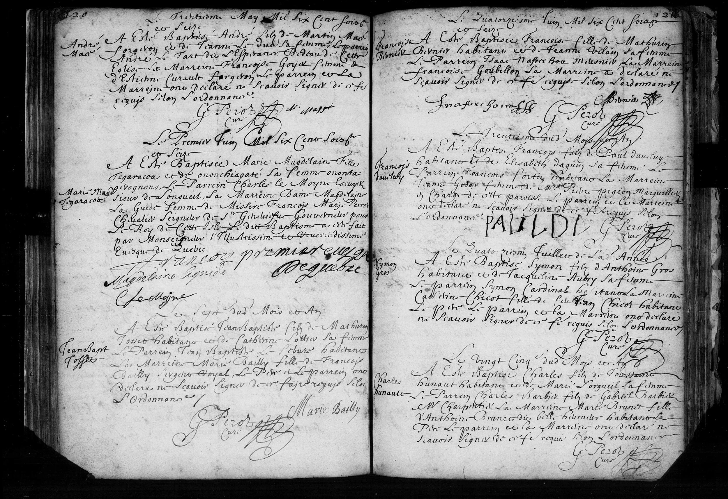 Charles Hunault baptism record, July 25, 1676