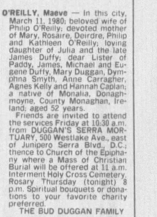 1980 Obituary Maeve O'Reilly