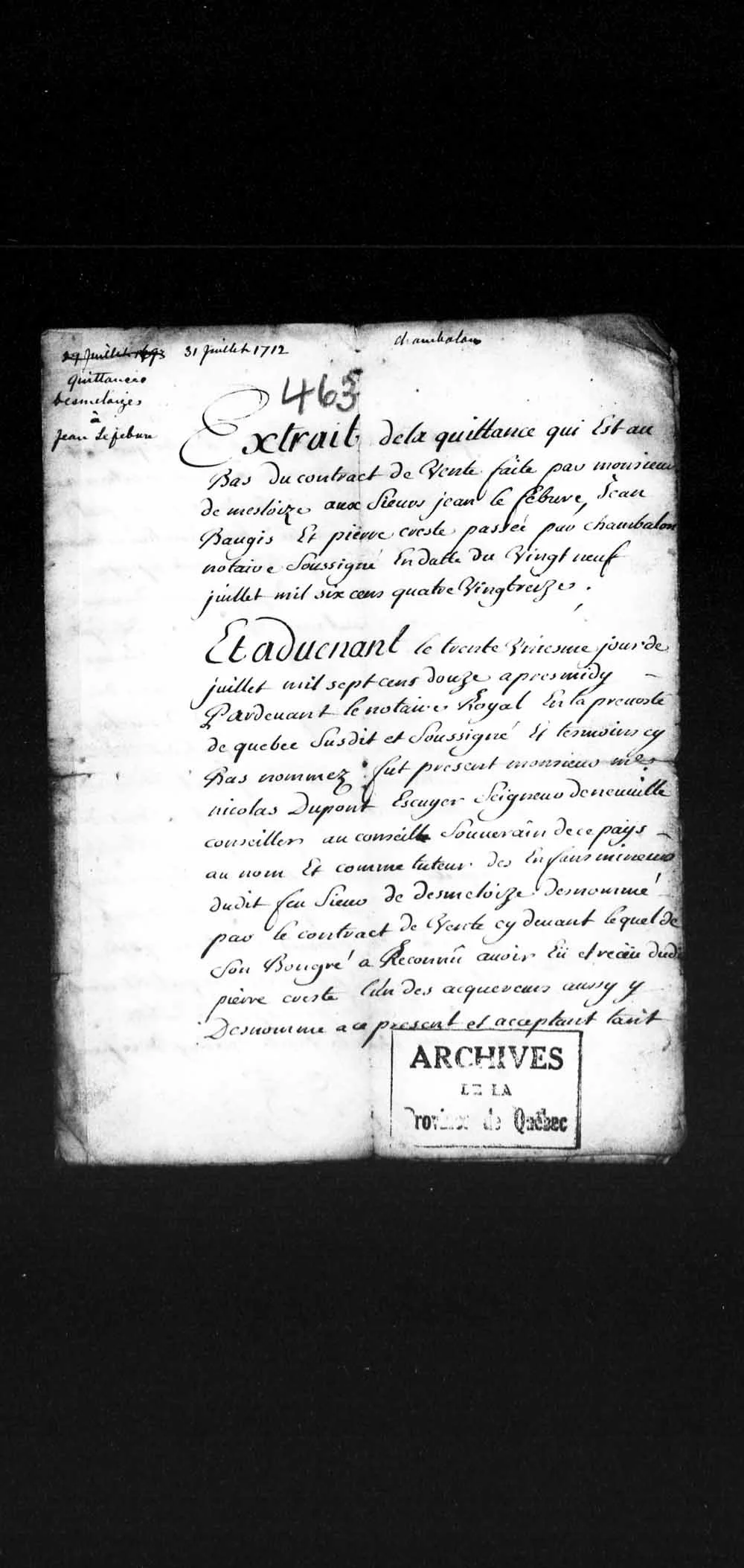1712 receipt from Nicolas Dupont as tutor of des Méloizes minor heirs to Pierre Crête, page 1
