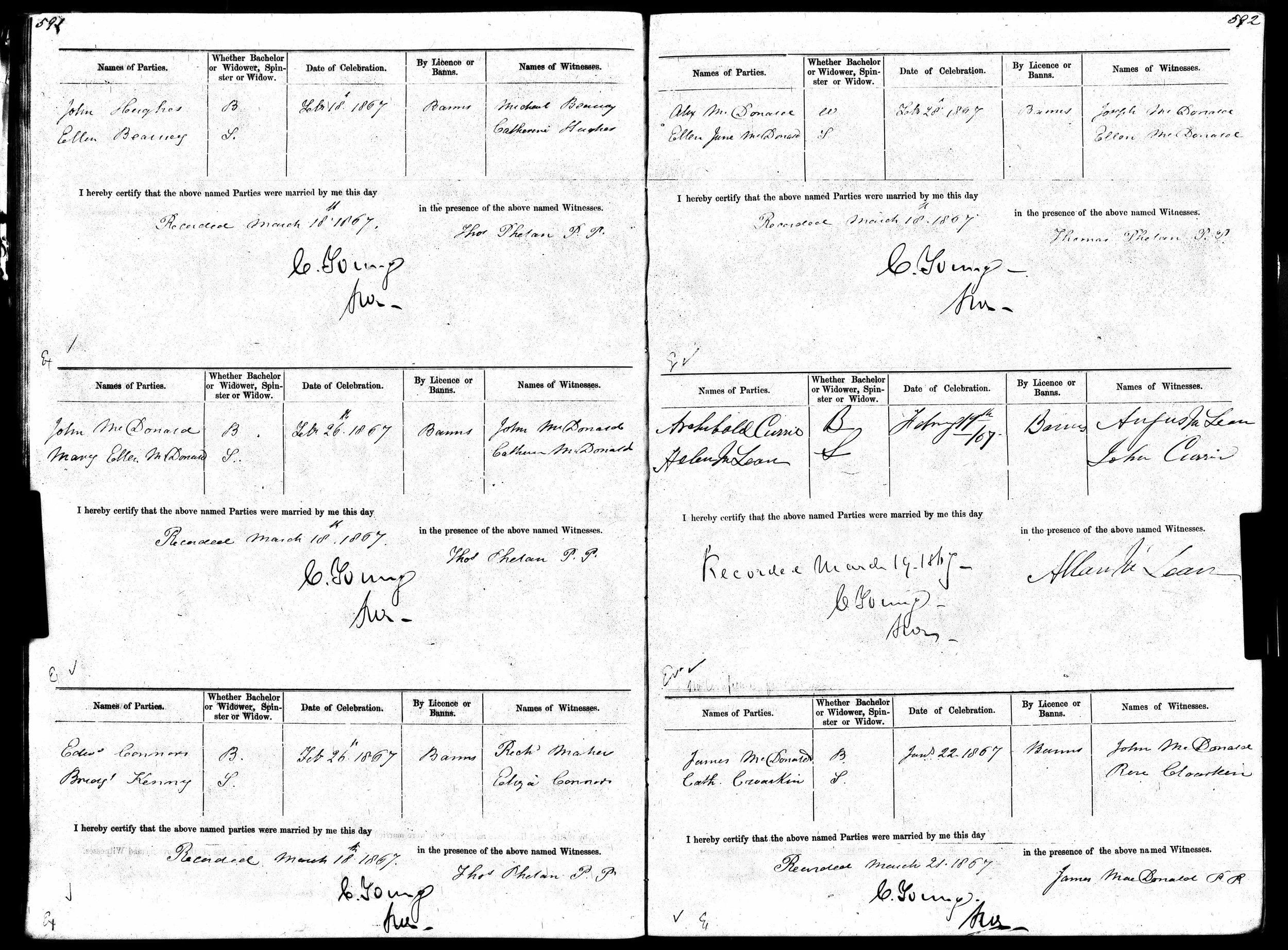 Marriage register showing Edward Connors and Bridget Kenny, 1867