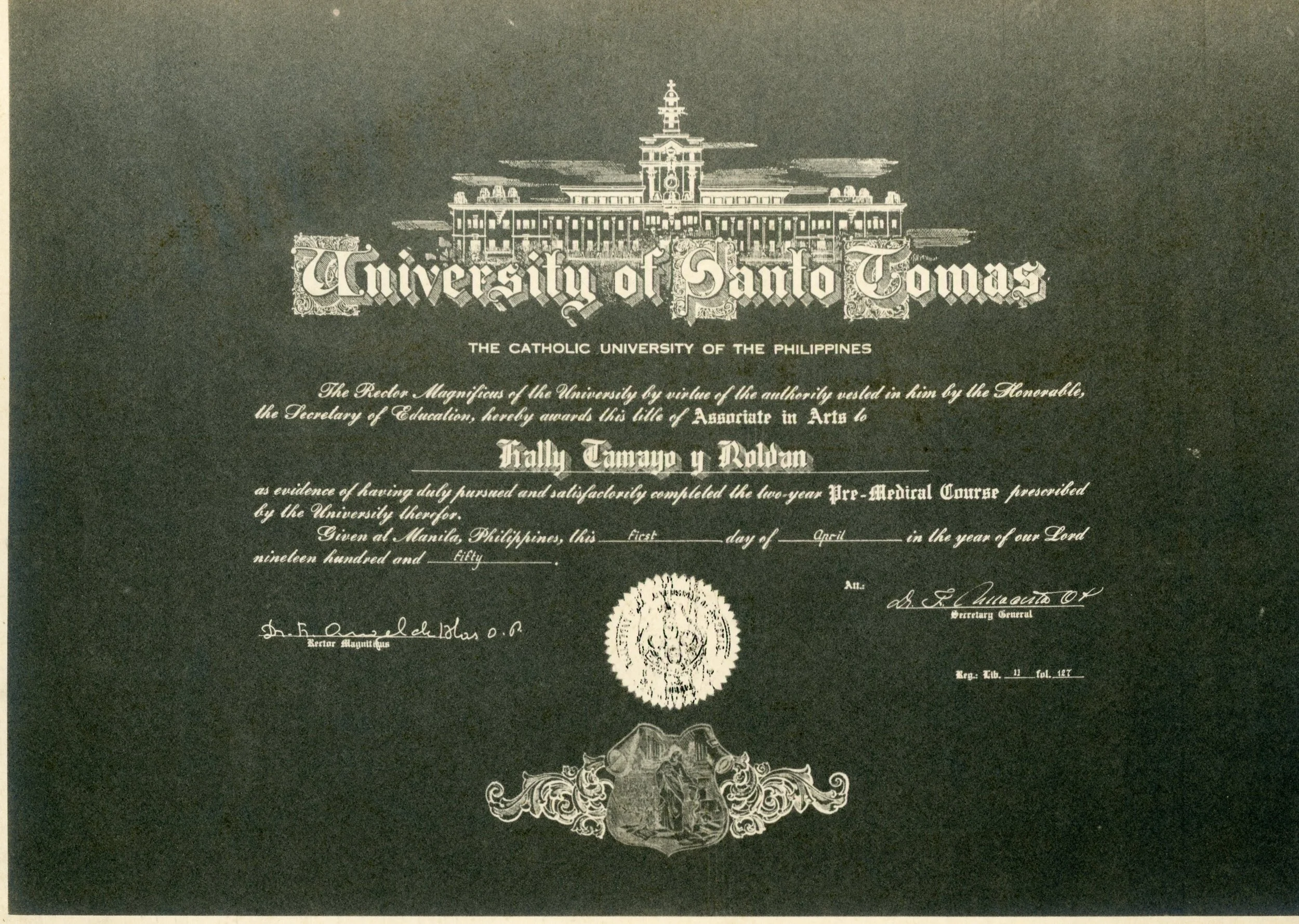 University of Santo Tomas Associate in Arts pre-medical diploma, Hally Tamayo y Roldan, 1950