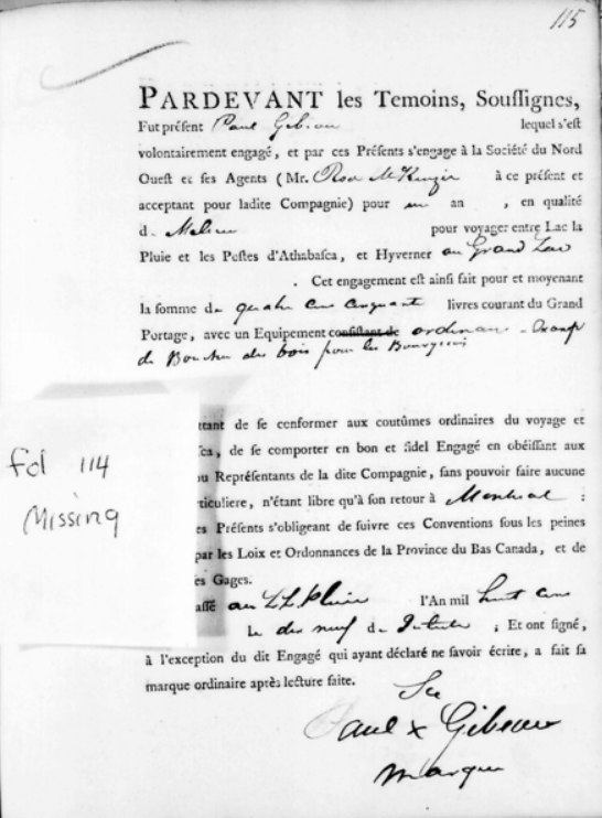 HBCA F.5.1 folio 115, page 82 — Paul Gibeau's completed NWC engagement contract under Roderick McKenzie, c.1800–1801. Milieu, 450 livres, Great Slave Lake, return Montréal.