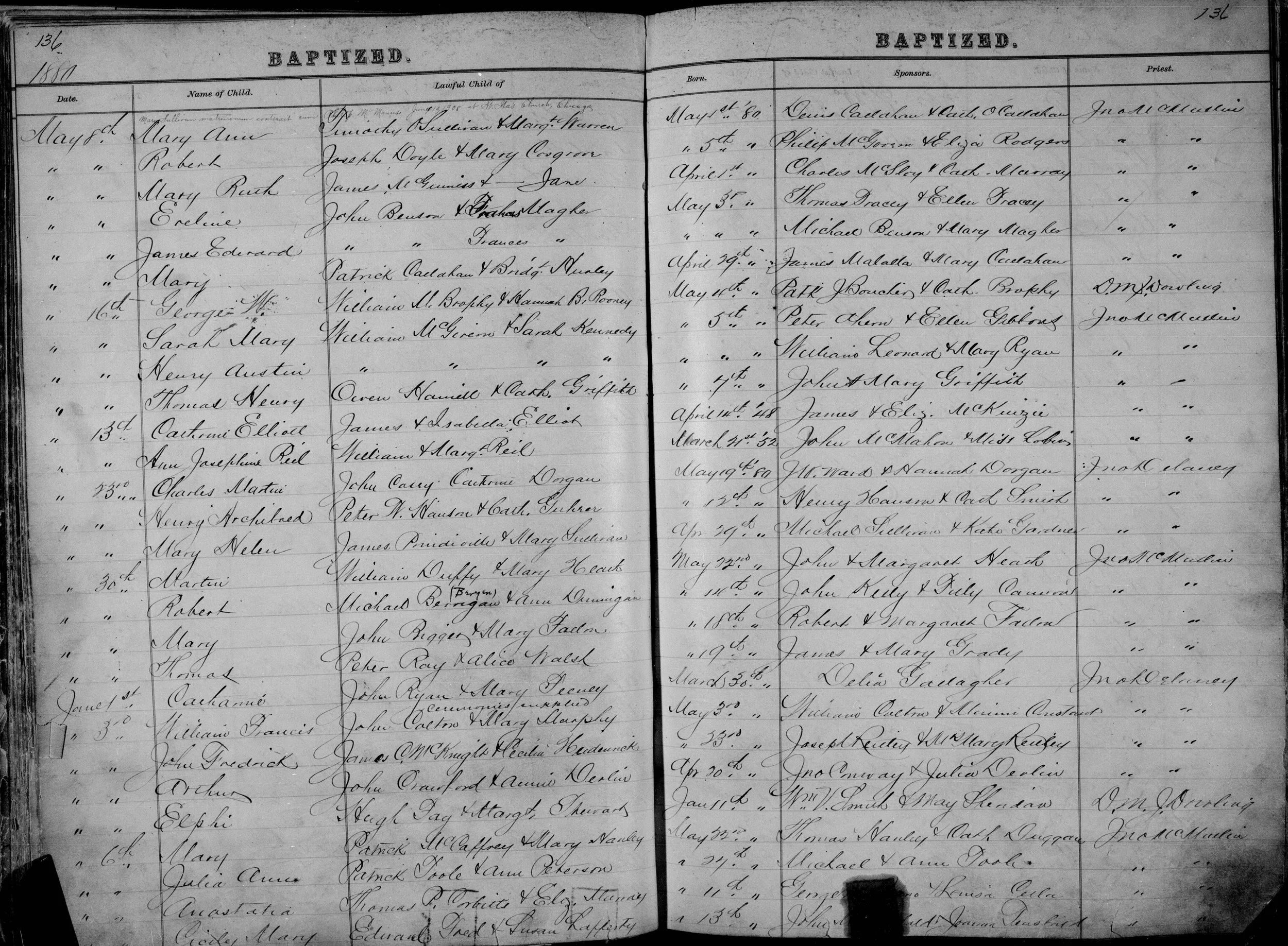 Holy Name Cathedral Baptism Register page 136, May 1880, showing Thomas Henry Hamall entry
