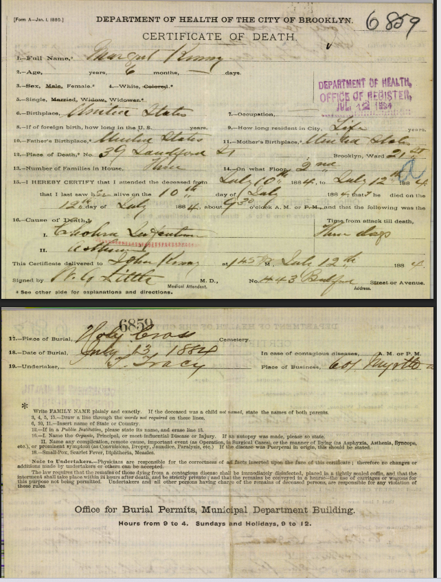 1884 Death Infant Margaret Kenny