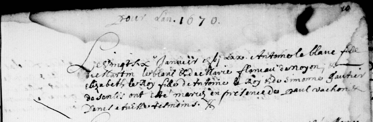 Marriage register detail, January 1670