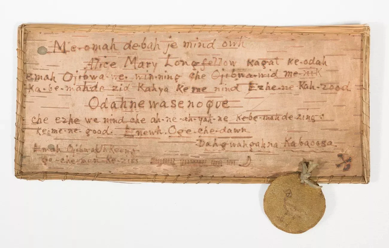 Alice Longfellow's birchbark certificate of adoption into the Ojibwe tribe, 1900