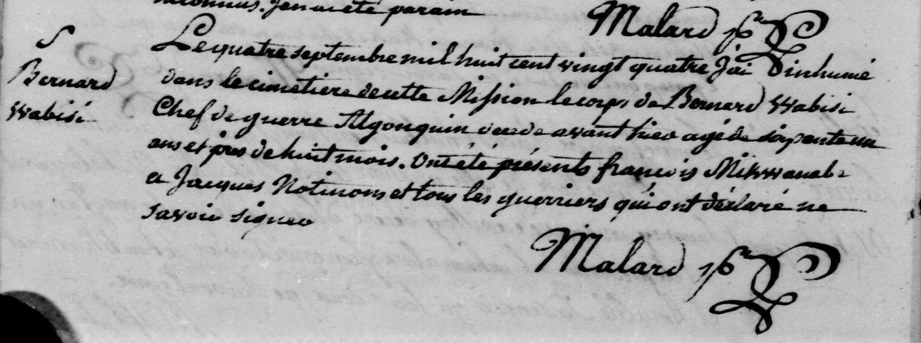 Detail of 1824 Bernard Wabisi burial record