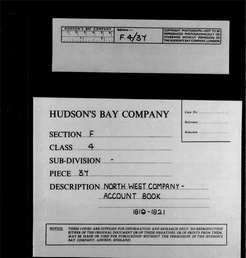 Cover page of North West Company Account Book 1819-1821