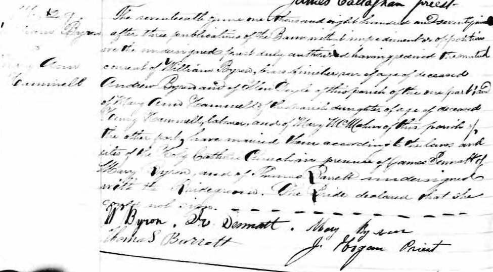 Detail of 1879 marriage record showing Mary Ann Hammell's parents