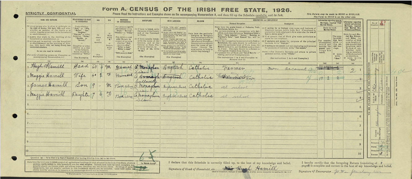 Census of the Irish Free State 1926 — Form A, Household Schedule No. 85, Hugh Hamill, Dian, Kilmurry, County Monaghan. Lists Hugh, his wife Maggie, son James, and daughter Maggie.