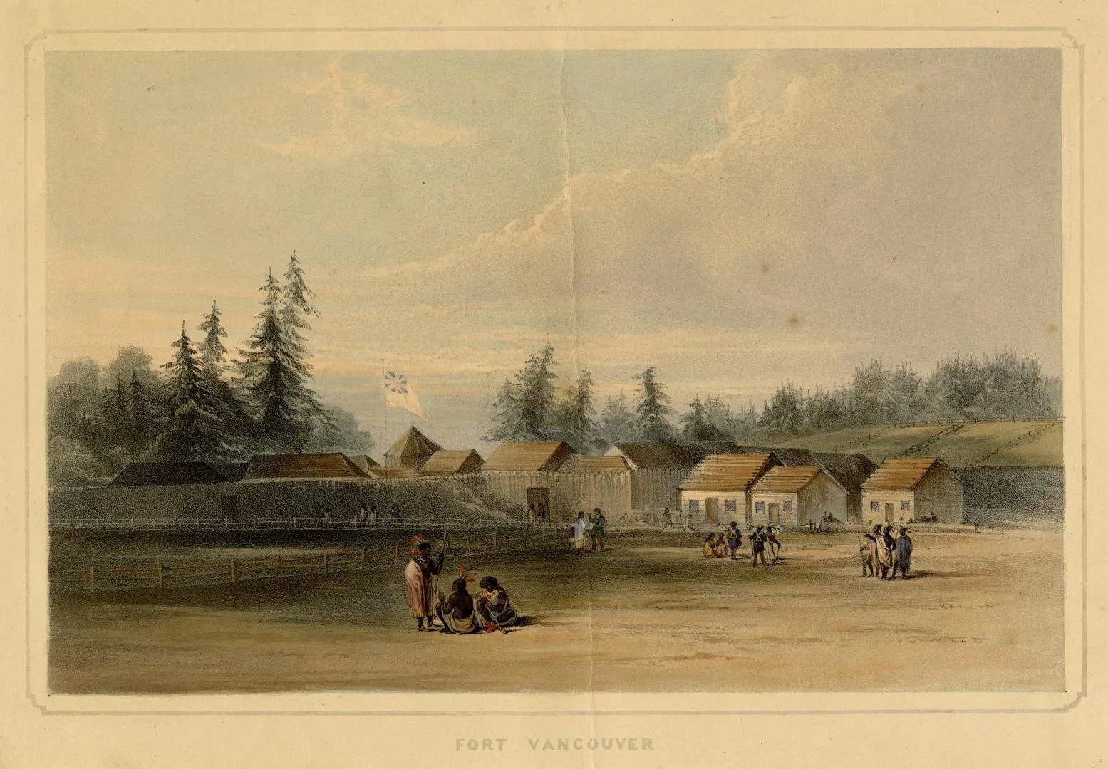 Fort Vancouver, 1845 — lithograph by Dickinson & Co. after Henry James Warre, the Hudson's Bay Company's Columbia District headquarters