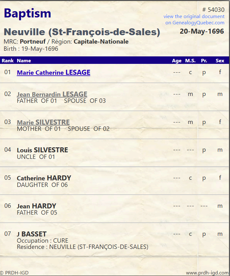 PRDH Baptism Marie Catherine Lesage