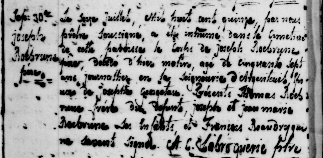Burial register entry, Rigaud, 16 July 1815 — Joseph Rocbrune père, with Thomas Rocbrune present as brother of the deceased