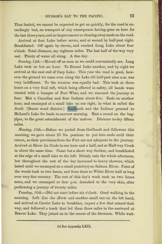 Page 23 of Peace River — journal entries for September 14 and 15, 1828, naming Paul Guilbault on the McLeod Lake to Fort St. James portage