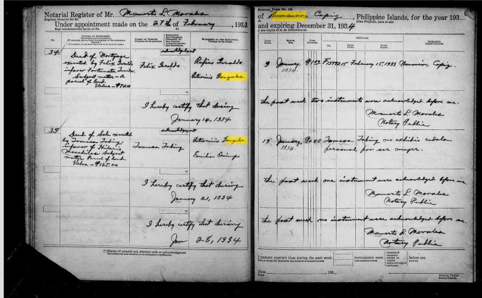 1933-1934 notarial register entry 35, Patrocinio Gonzales and Emilia Quimpo as witnesses