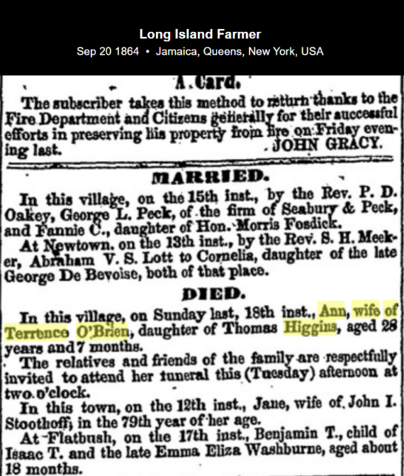 Ann, wife of Terrence O'Brien, daughter of Thomas Higgins
