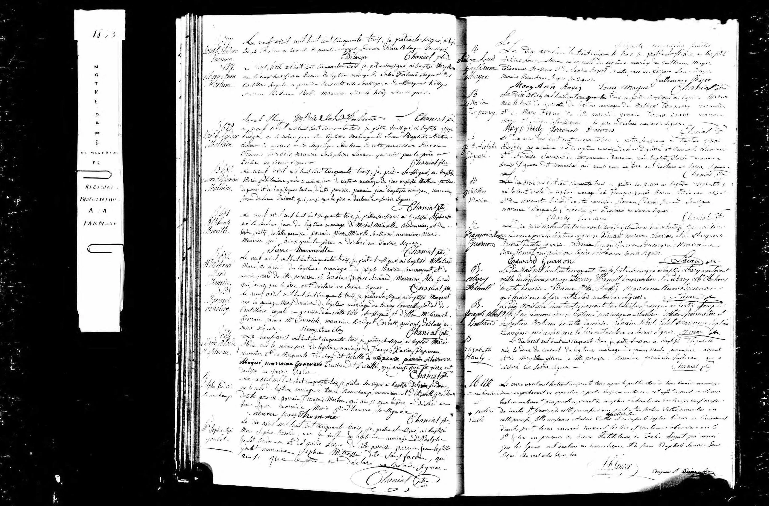 Mary Ann Hamall baptism record, April 1853, Notre-Dame Montreal