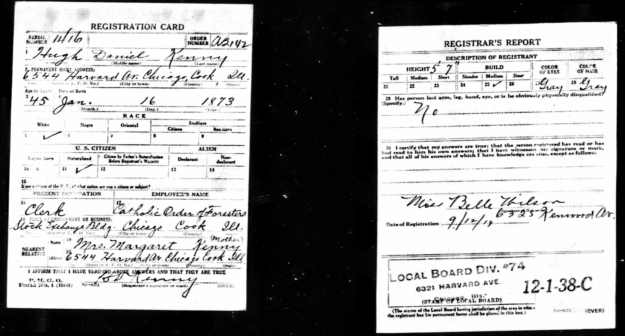 WWI Draft Registration Card for Hugh Daniel Kenny