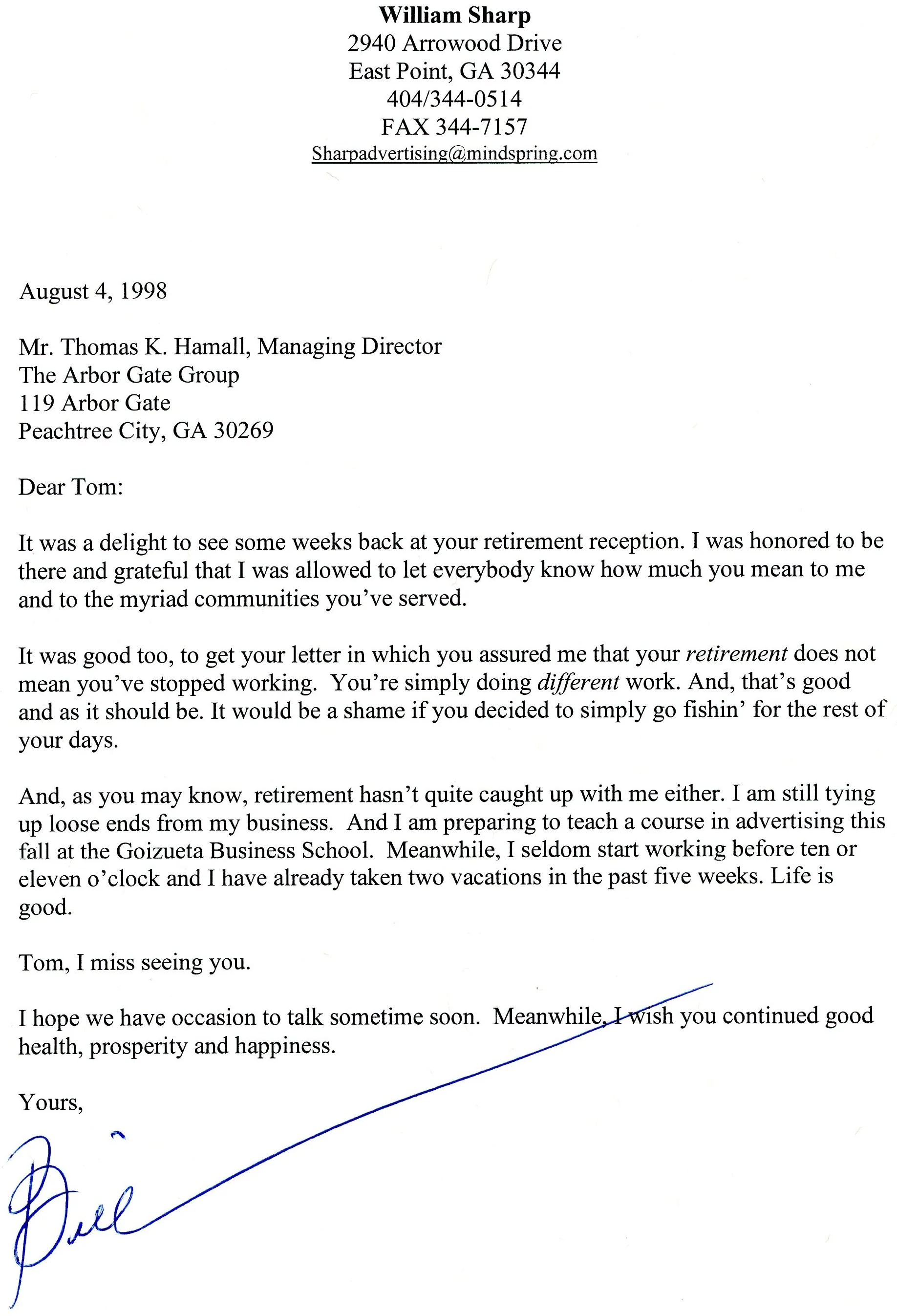 1998 — Letter from William Sharp