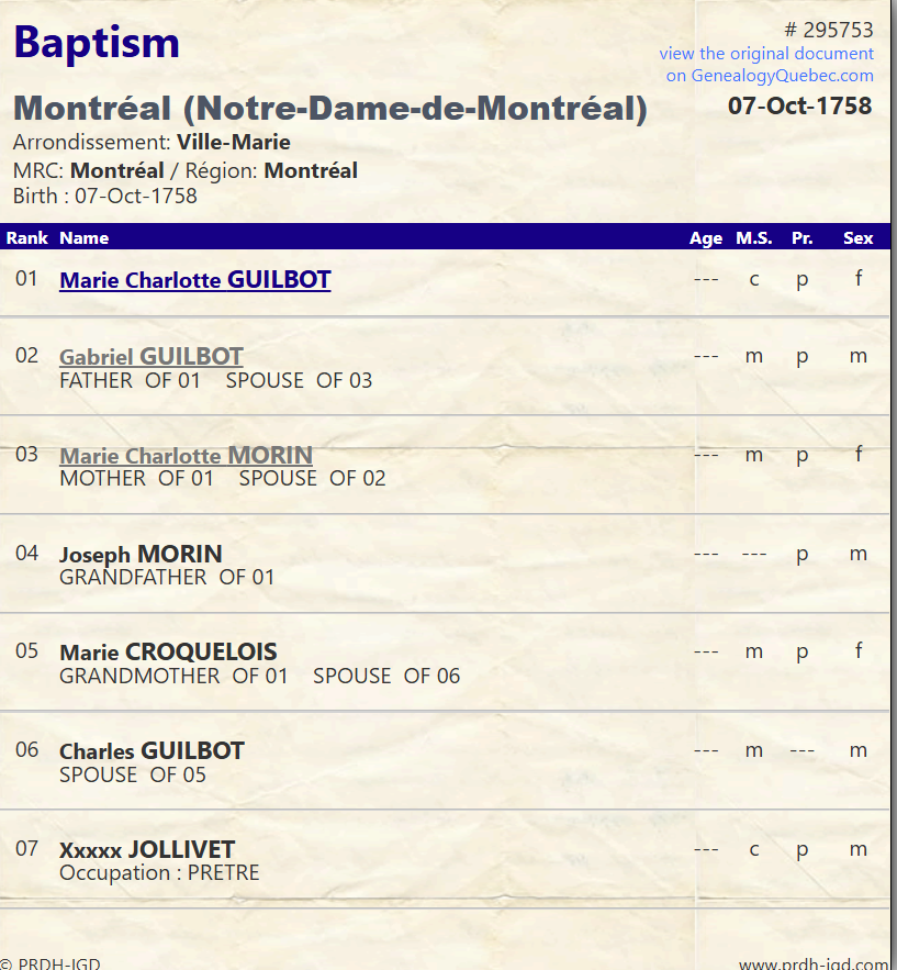 PRDH Baptism Marie Charlotte Guilbot 1758