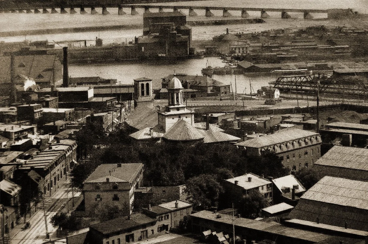 Aerial view of Griffintown and St. Anne's Church, 1896