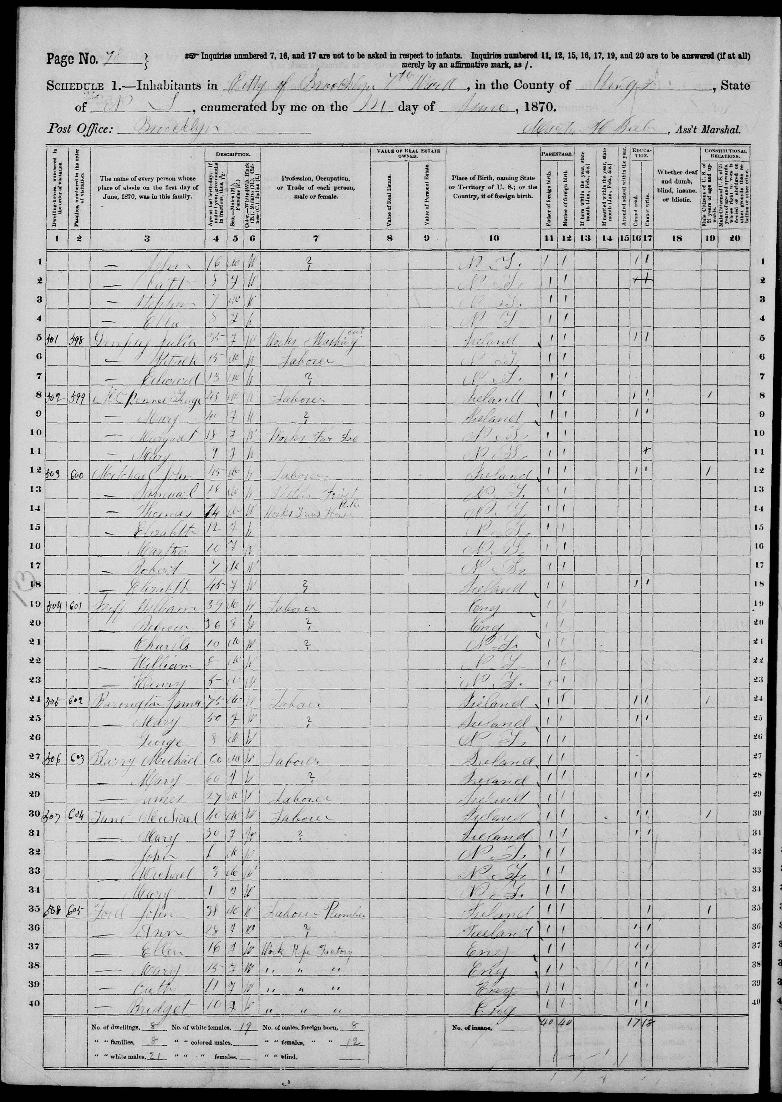 1870 U.S. Census Ward 7 Brooklyn McKenna George household showing Ann and daughters