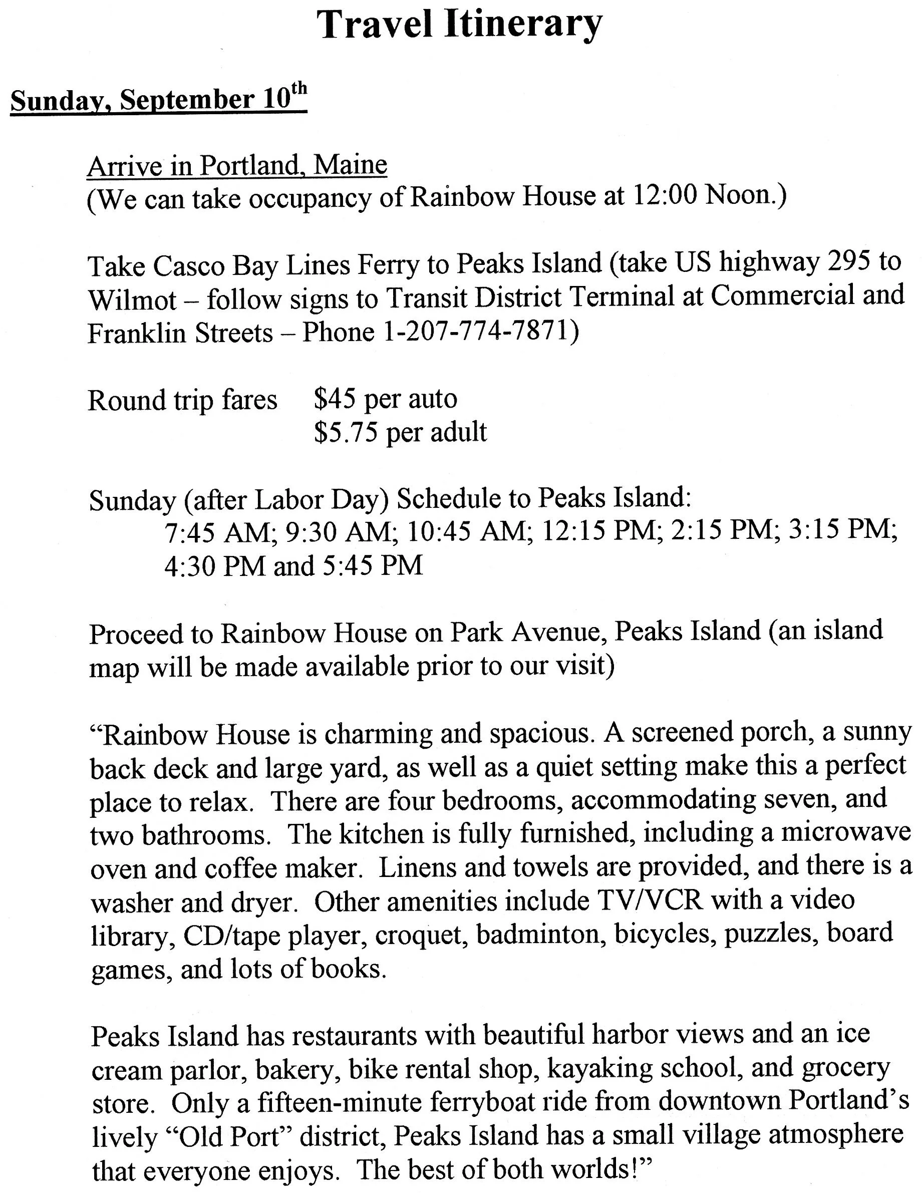 Travel itinerary, Sunday 10 September 2000