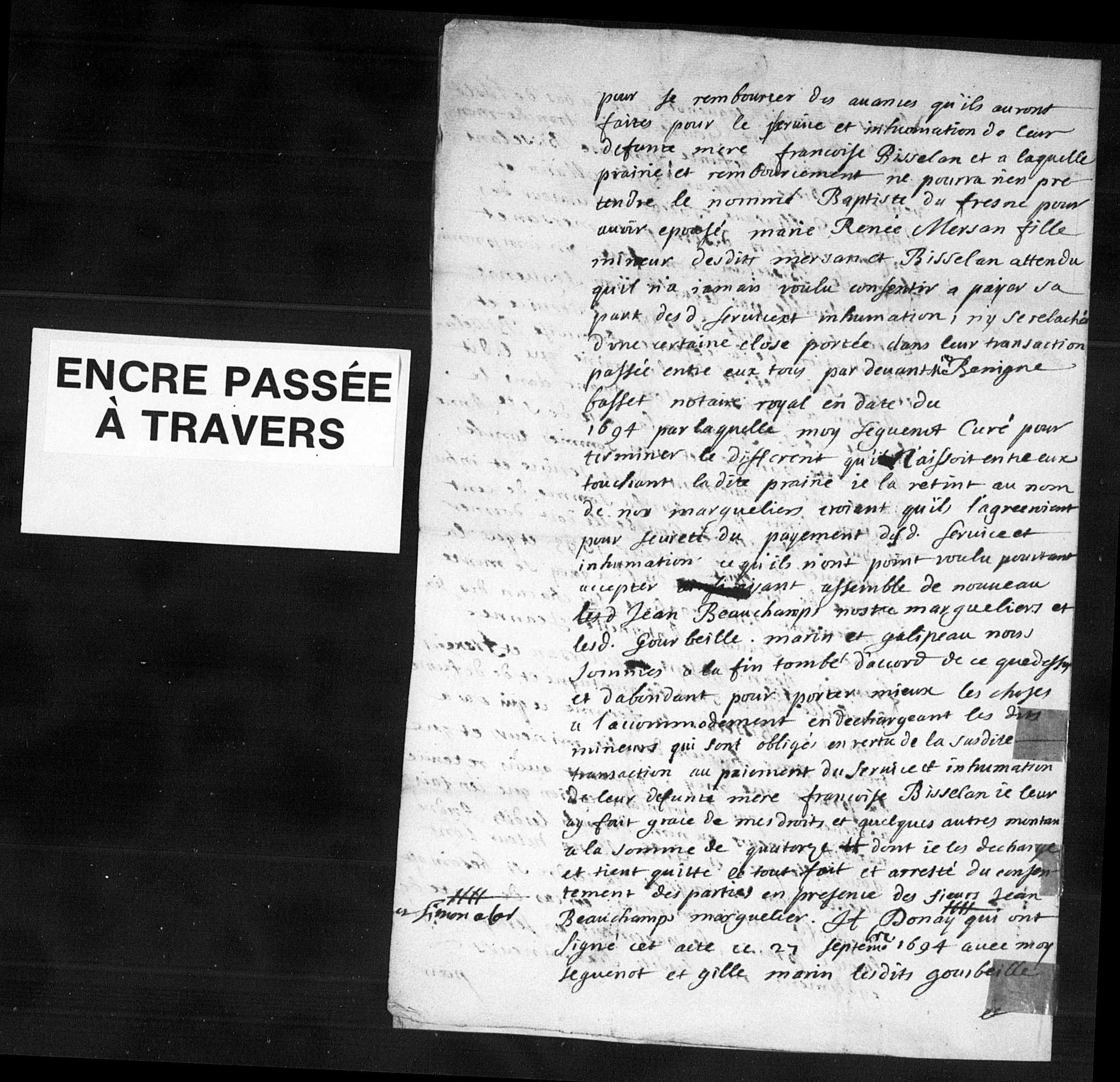 Séguenot compromise page 2 — Du Fresne excluded for refusing to pay, Séguenot forgives 14 livres, September 27, 1697
