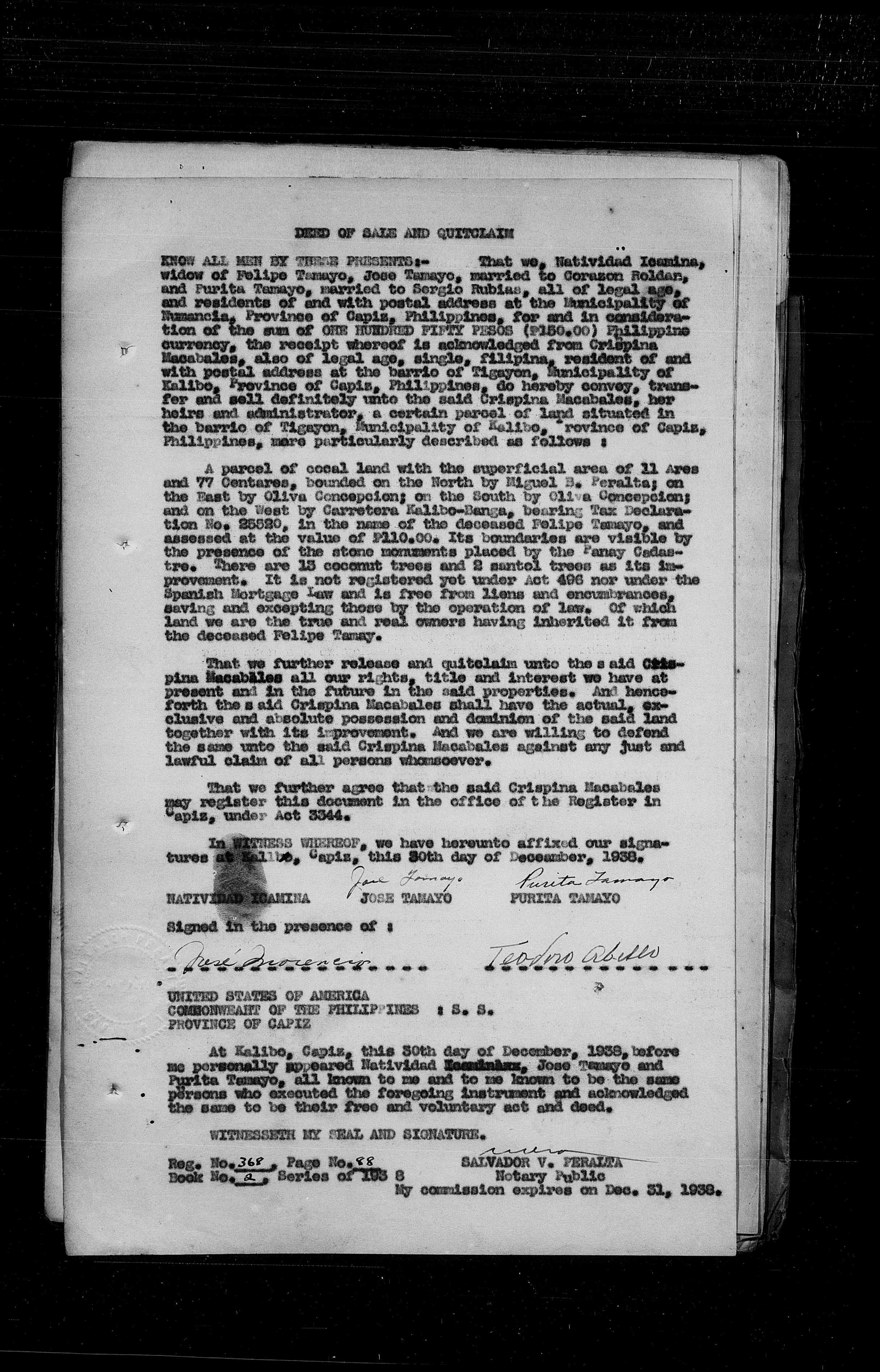 1938 Deed of Sale and Quitclaim, Natividad Icamina widow of Felipe Tamayo