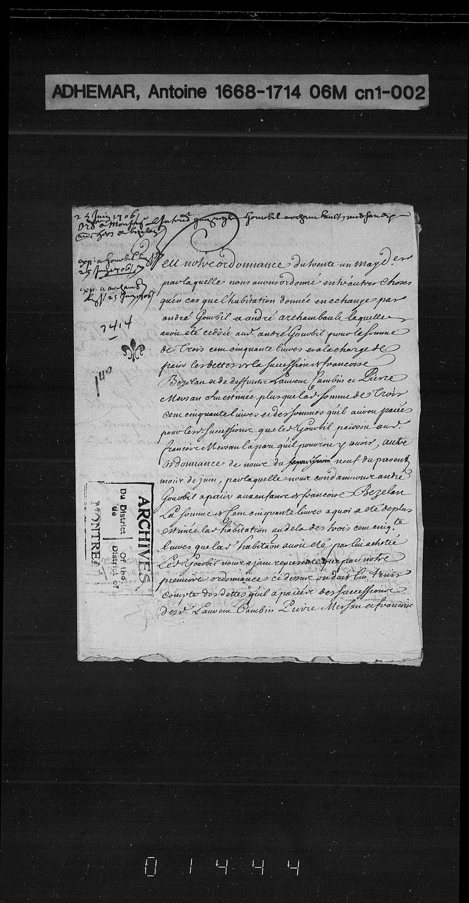 Raudot ordonnance page 1 — François Marsan challenges the 1694 settlement, references land exchange and succession debts