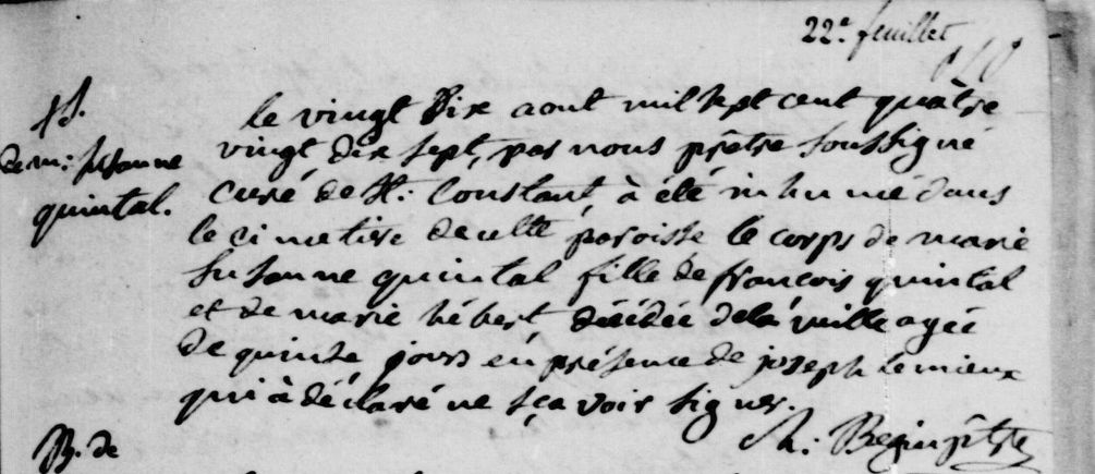 Detail of the burial record for Marie Suzanne Quintal: 'décédée de la veille agée de quinze jours'
