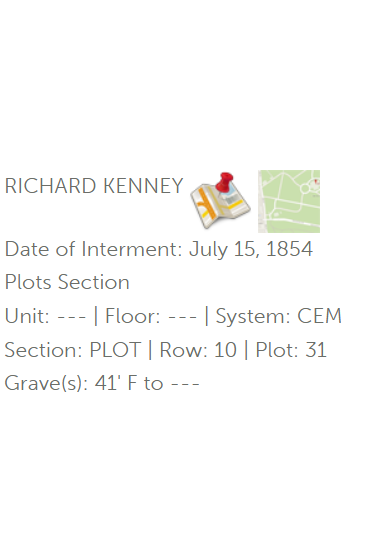 Holy Cross Cemetery Catholic Cemeteries burial record Richard Kenney date of interment July 15 1854 Plots Section Row 10 Plot 31 Grave 41 Front