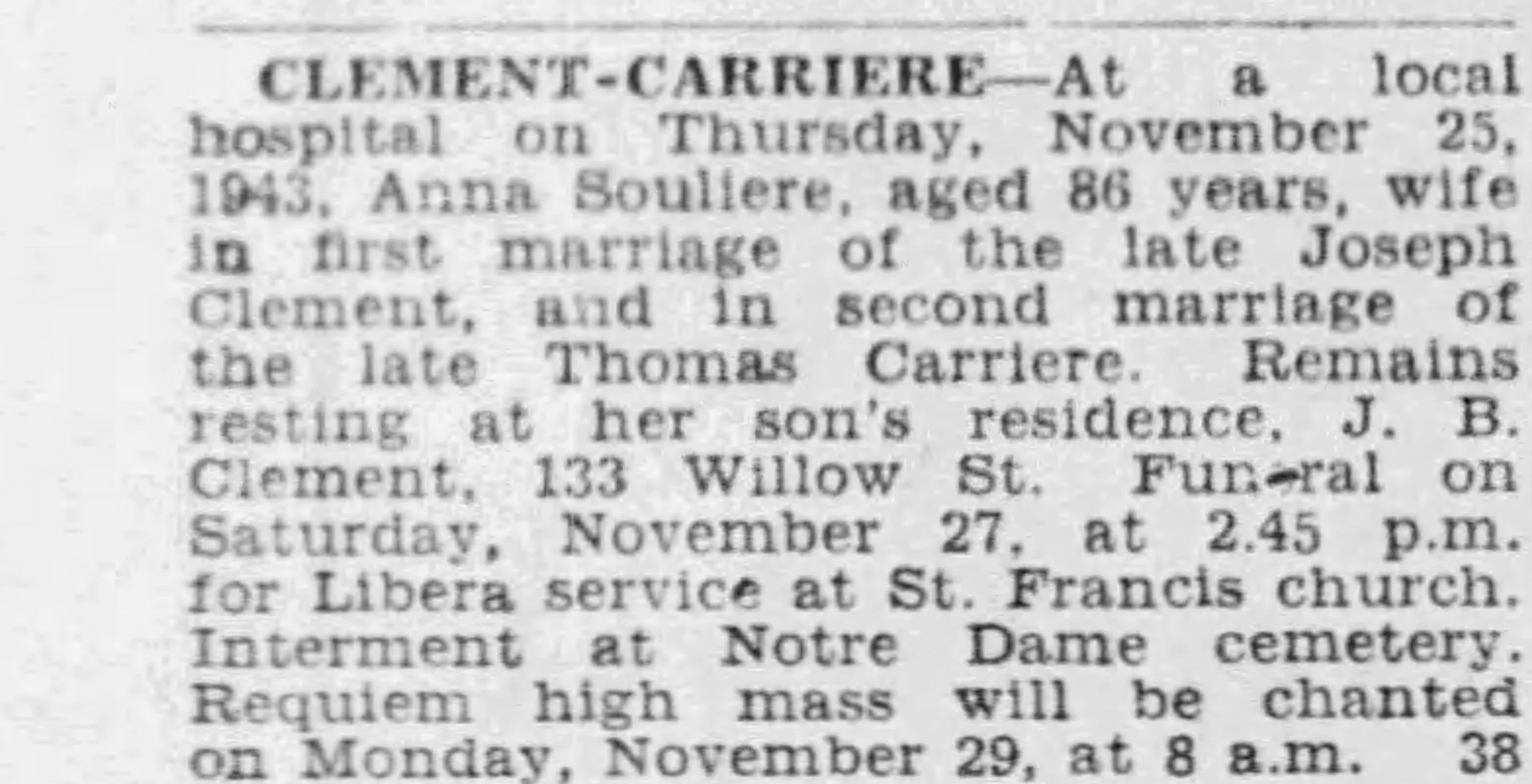 1943 Obituary of Anna Soulière