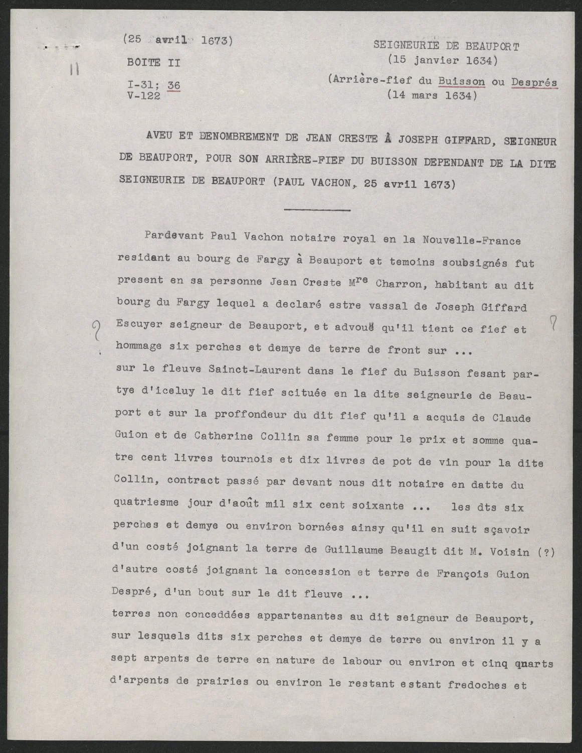1673 Aveu et Dénombrement of Jean Crête to Joseph Giffard, page 1 — typed copy from the Lordships Collection