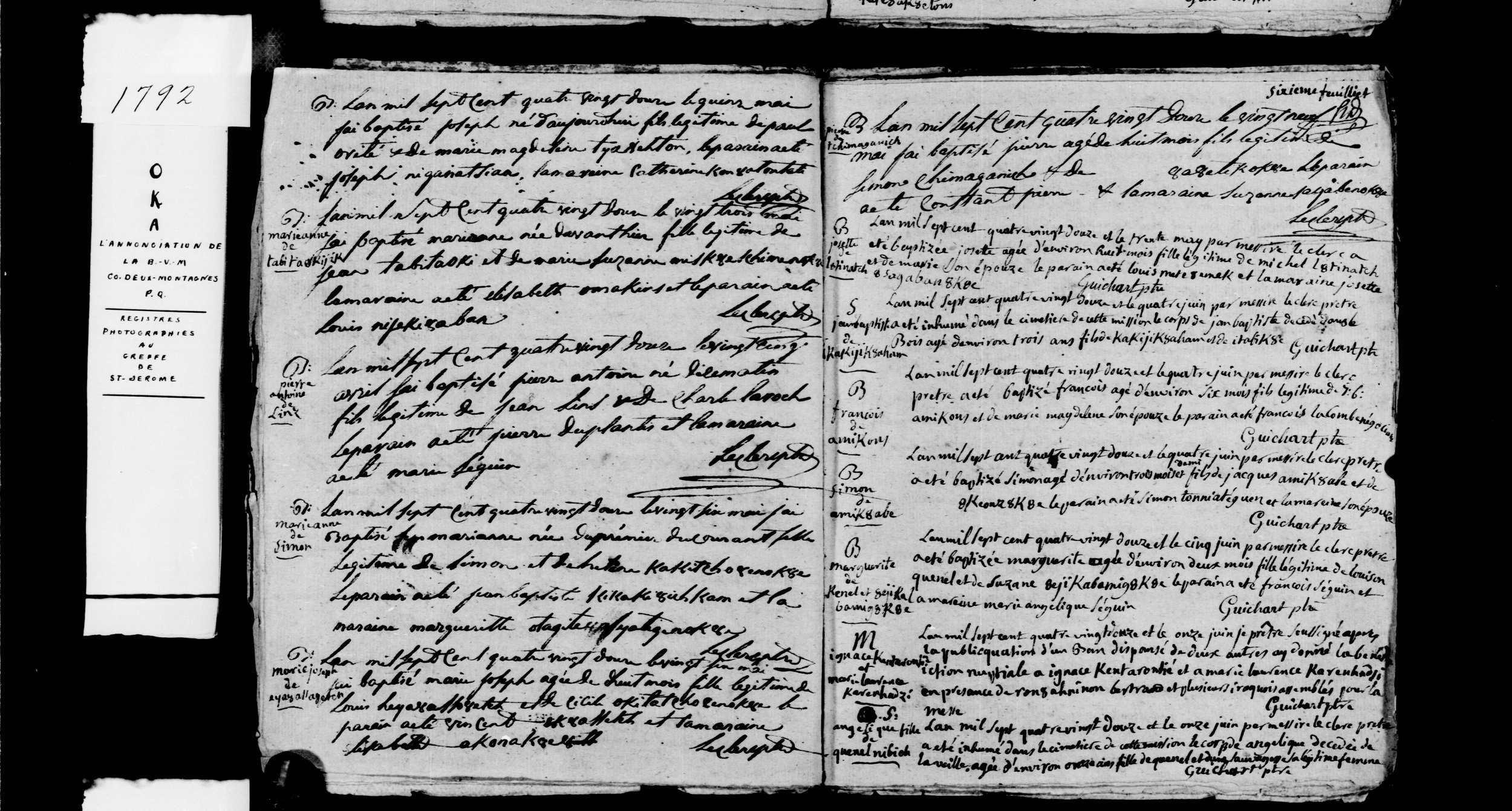 1792 Oka Mission register — full page including Jean Baptiste Kakijik burial