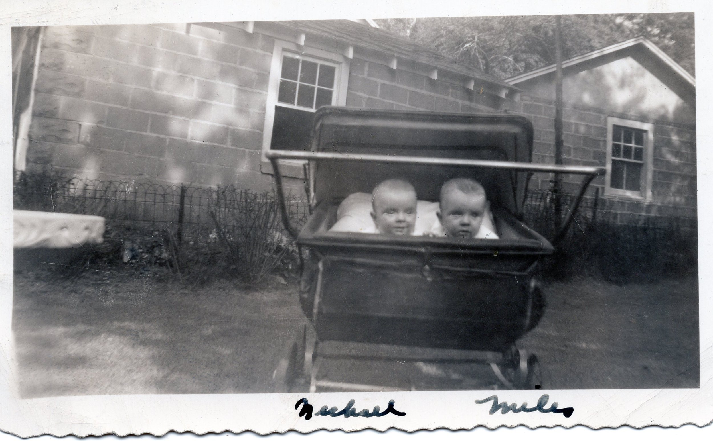 Michael and Miles in the carriage, labeled in Lillian's handwriting